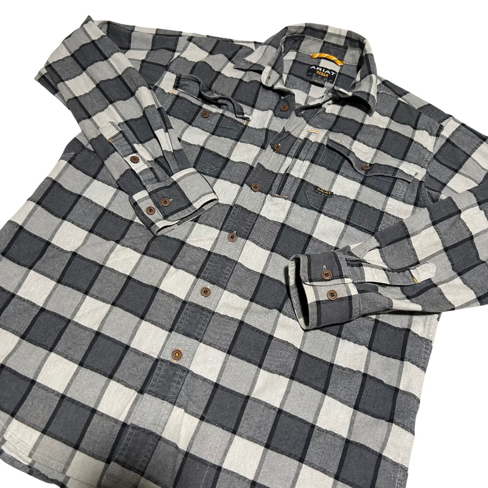 Ariat Rebar Flannel Shirt Mens Medium Grey Black Plaid Button Up Workwear